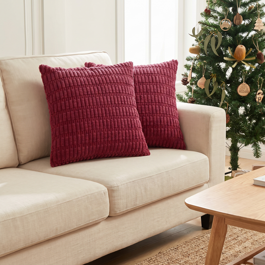 Ribbed Corduroy Christmas Cushion Cover – Wine Red – styled on a sofa