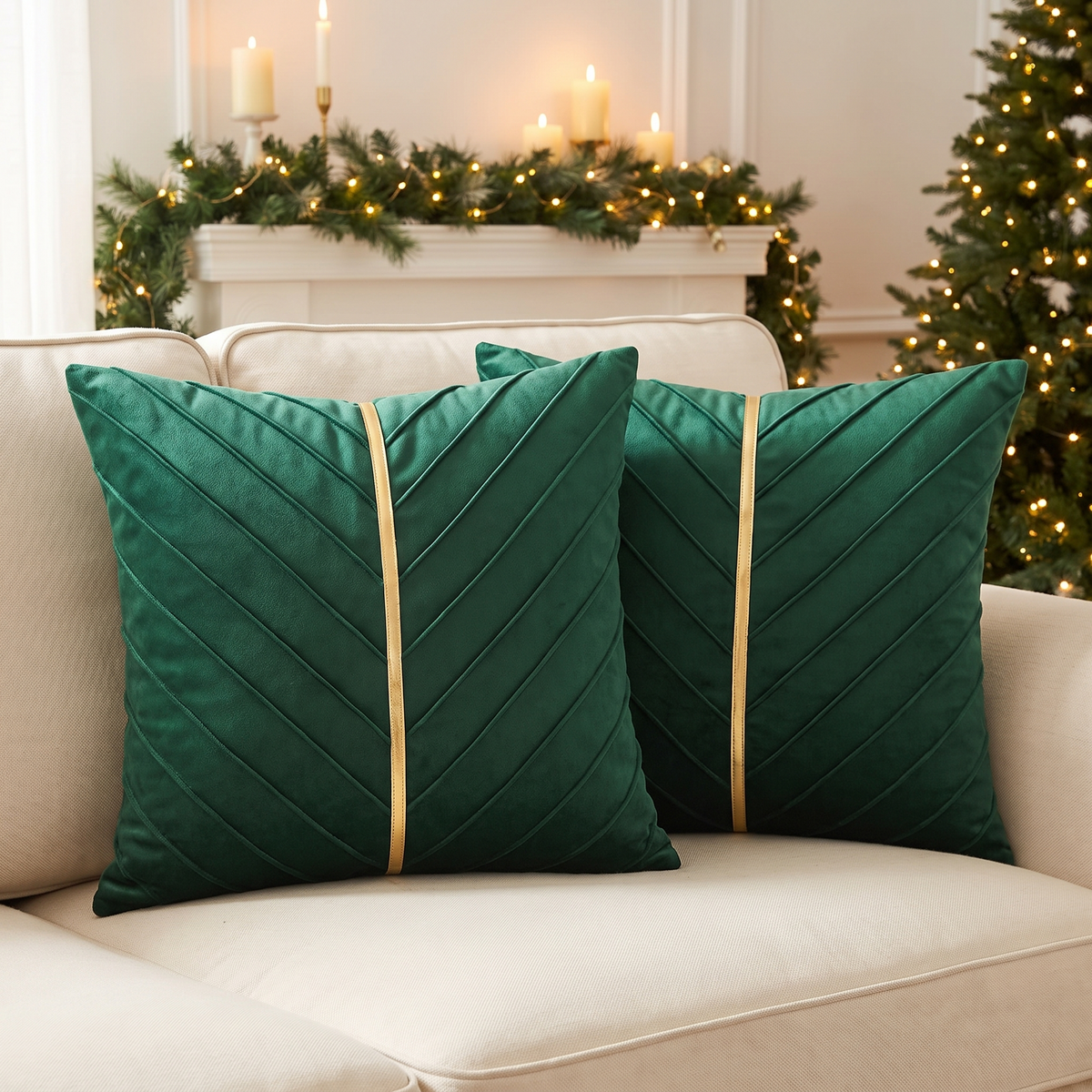 Velvet Christmas Cushion Cover – Forest Green & Gold – styled on a sofa