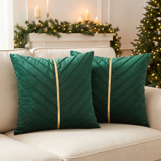 Velvet Christmas Cushion Cover – Forest Green & Gold – styled on a sofa