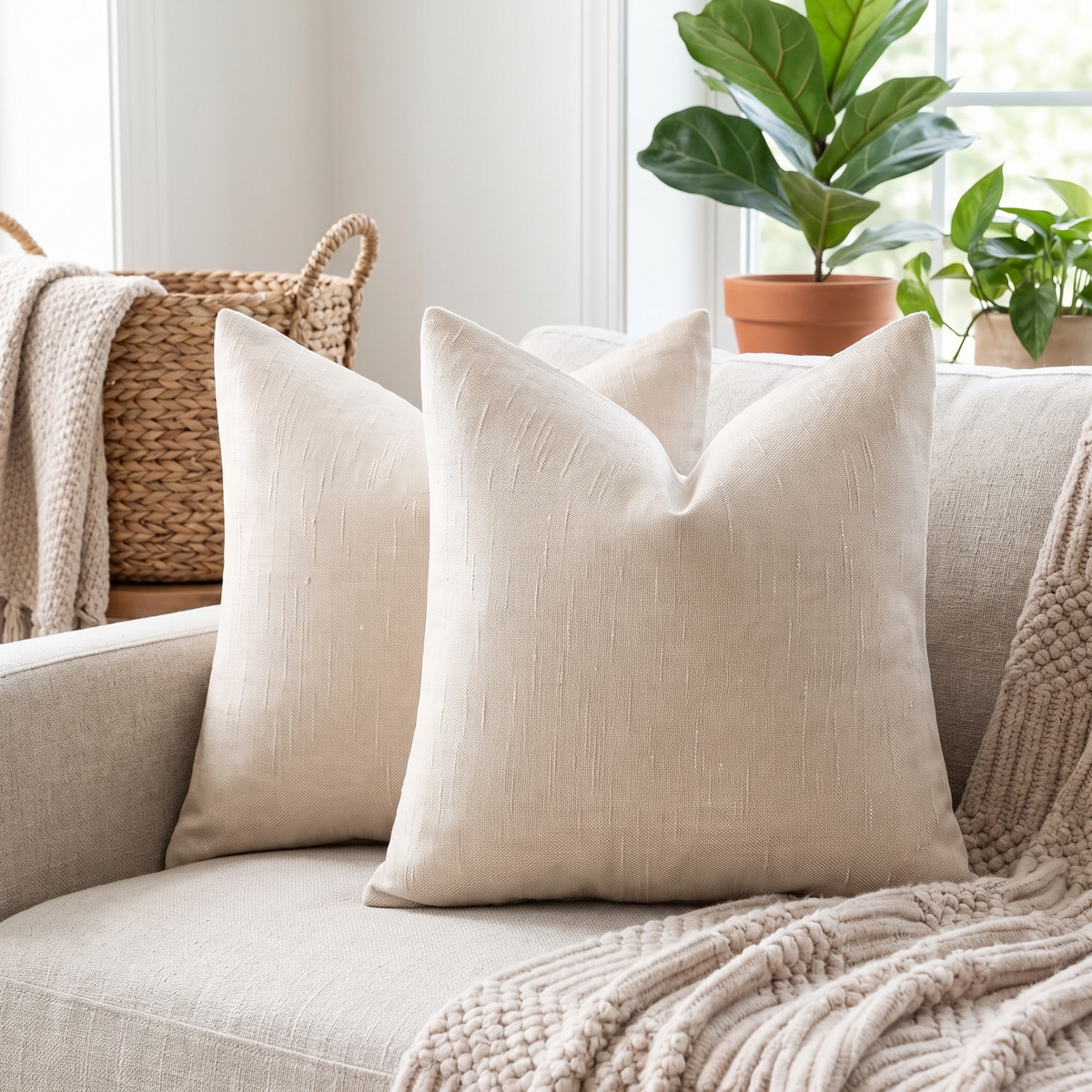 Soft Textured Cushion Cover – Light Beige – styled on a sofa