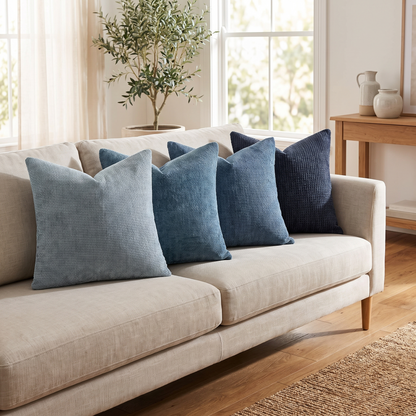 Coastal Blue Chenille Cushion Covers – Set of 4 – full set styled on a sofa