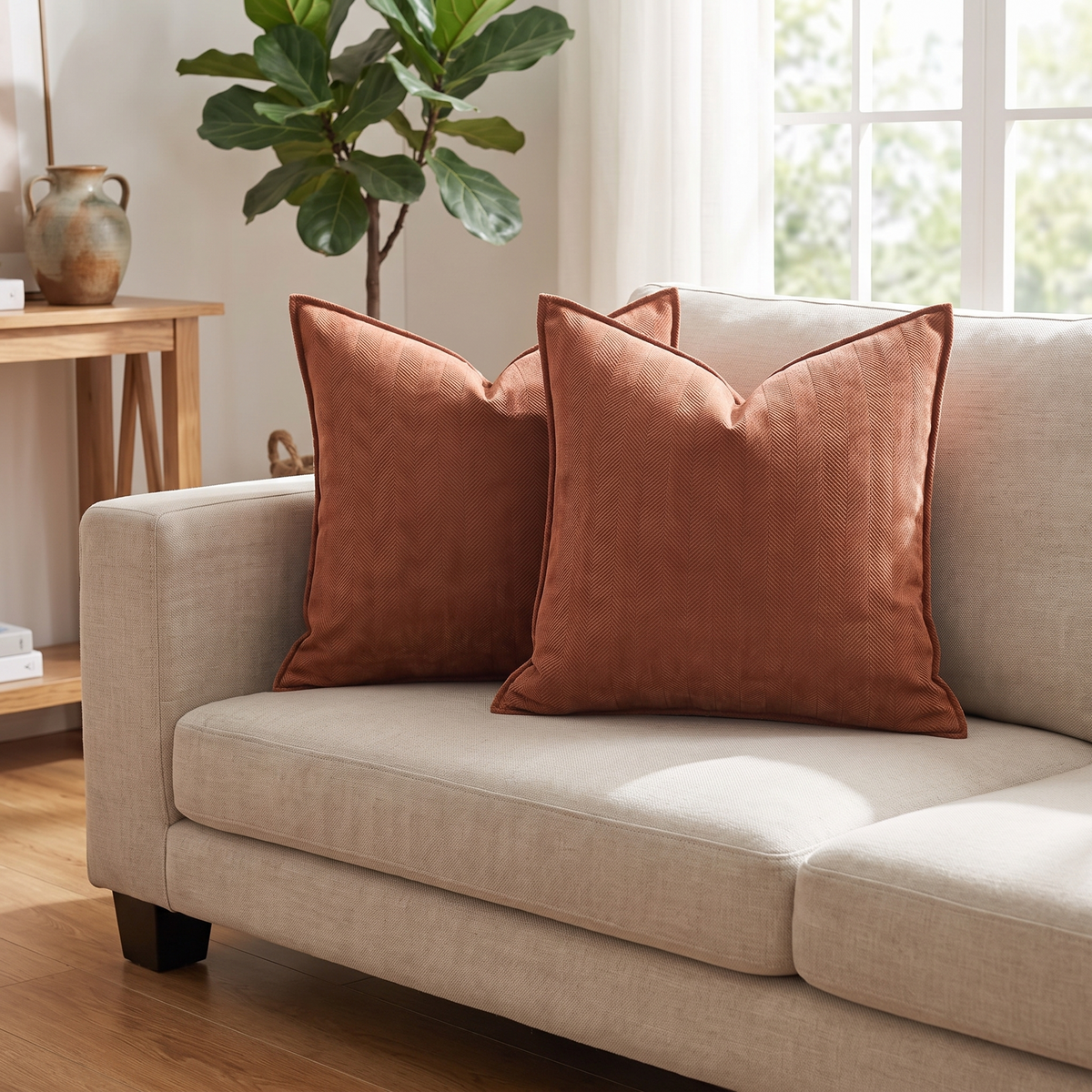 Jacquard Chenille Cushion Cover – Rust – styled on a sofa