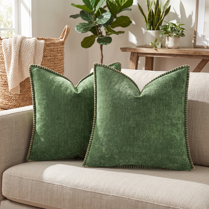 Stitched Edge Chenille Cushion Cover – Forest Green – styled on a sofa