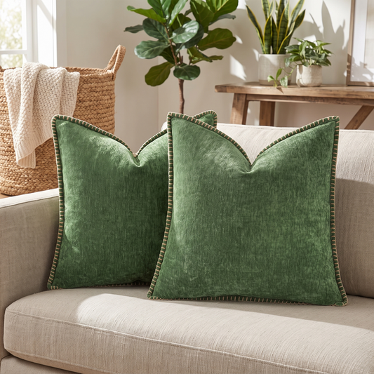 Stitched Edge Chenille Cushion Cover – Forest Green – styled on a sofa