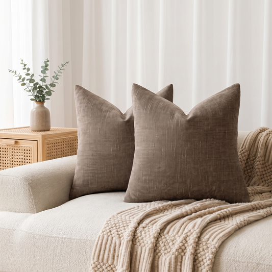 Soft Textured Cushion Cover – Taupe – styled on a sofa