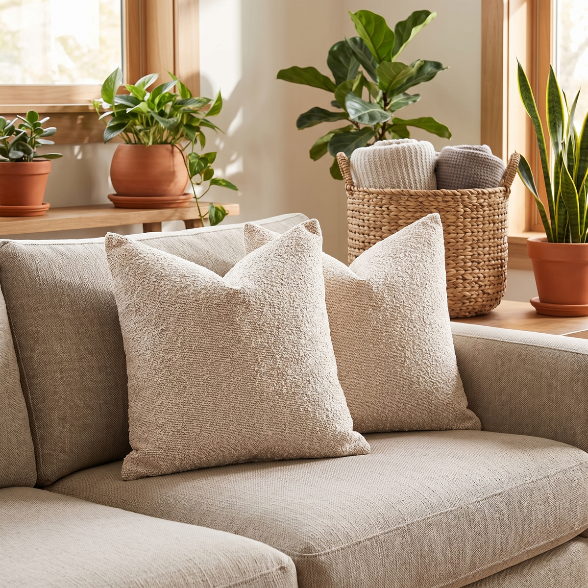 Cosy Boucle Accent Cushion Cover – Beige – styled on a sofa