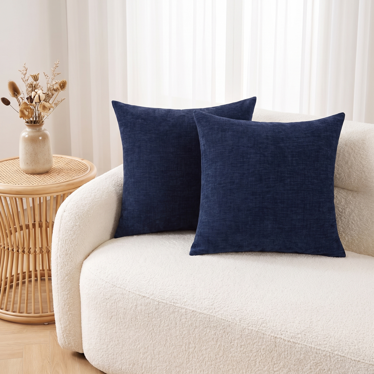 Cosy Chenille Cushion Cover – Navy Blue – styled on a sofa