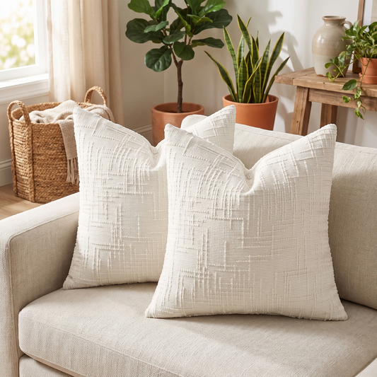 Slubby Chenille Cushion Cover – Cream White – styled on a sofa