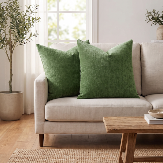 Solid Chenille Cushion Cover – Moss Green – styled on a sofa