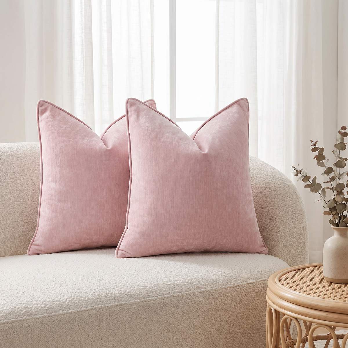 Blush Pink Chenille Cushion Cover – styled on a sofa