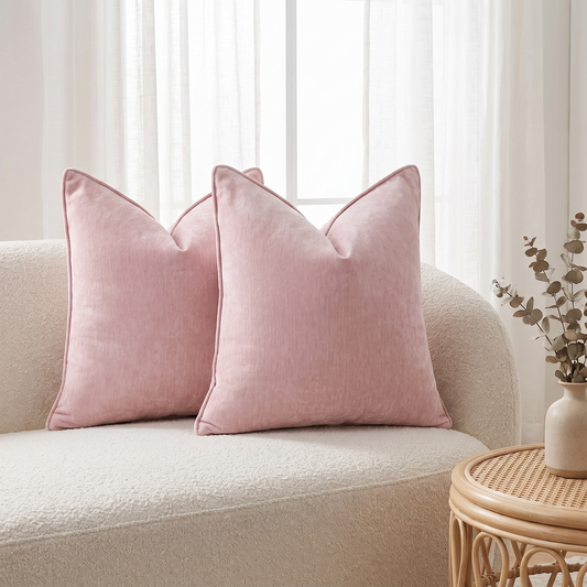 Blush Pink Chenille Cushion Cover – styled on a sofa
