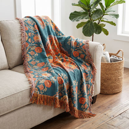 Marigold Reversible Cotton Throw Blanket – draped over a sofa