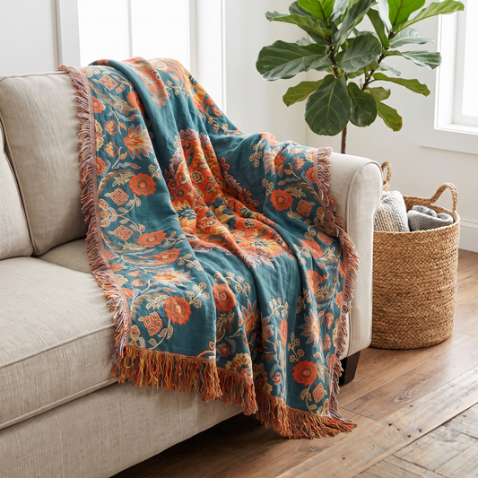 Marigold Reversible Cotton Throw Blanket – draped over a sofa