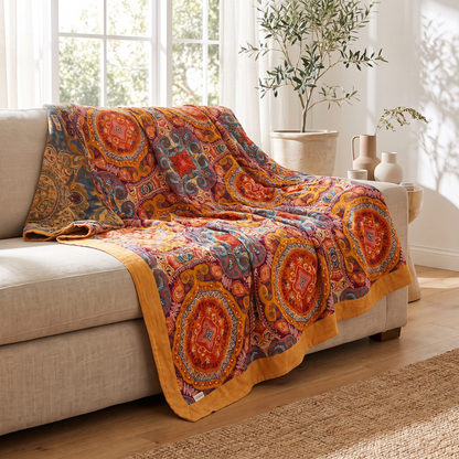 Sunrise Boho Reversible Cotton Throw Blanket – draped over a sofa
