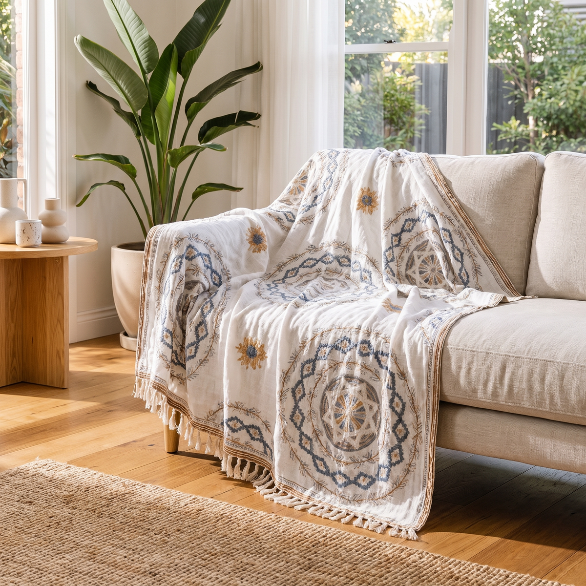 Serene Mandala Cotton Throw Blanket – draped over a sofa