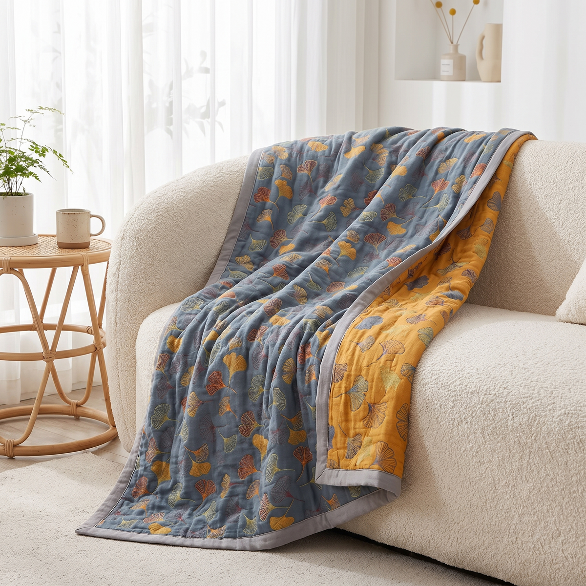 Ginkgo Leaf Cotton Throw Blanket – draped over a sofa