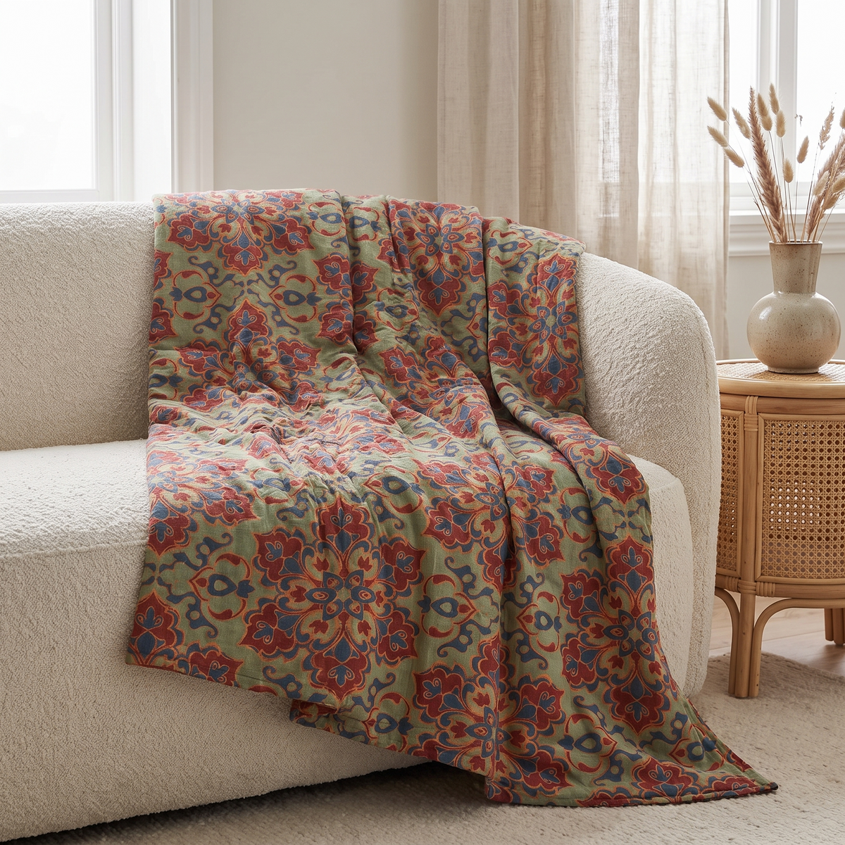 Heritage Floral Cotton Summer Throw Blanket – draped over a sofa