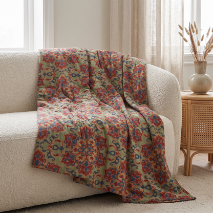 Heritage Floral Cotton Summer Throw Blanket – draped over a sofa