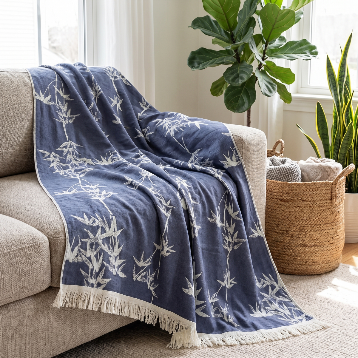 Bamboo Cotton Reversible Jacquard Throw Blanket – draped over a sofa