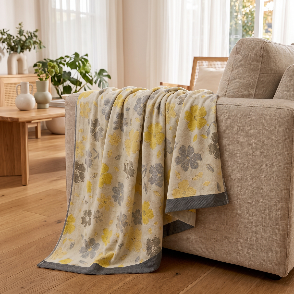 Maple Leaf Bamboo Cooling Blanket – draped over a sofa