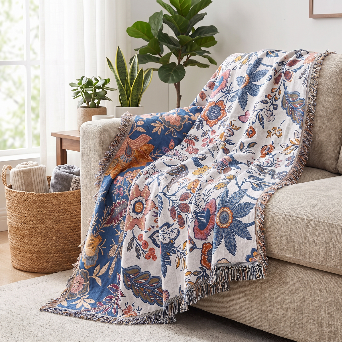 Artistic Floral Cotton Throw Blanket – Rustic – draped over a sofa