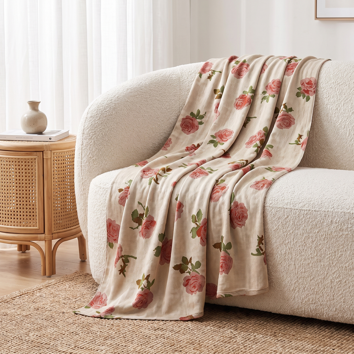Rose Print Bamboo Cooling Blanket – draped over a sofa