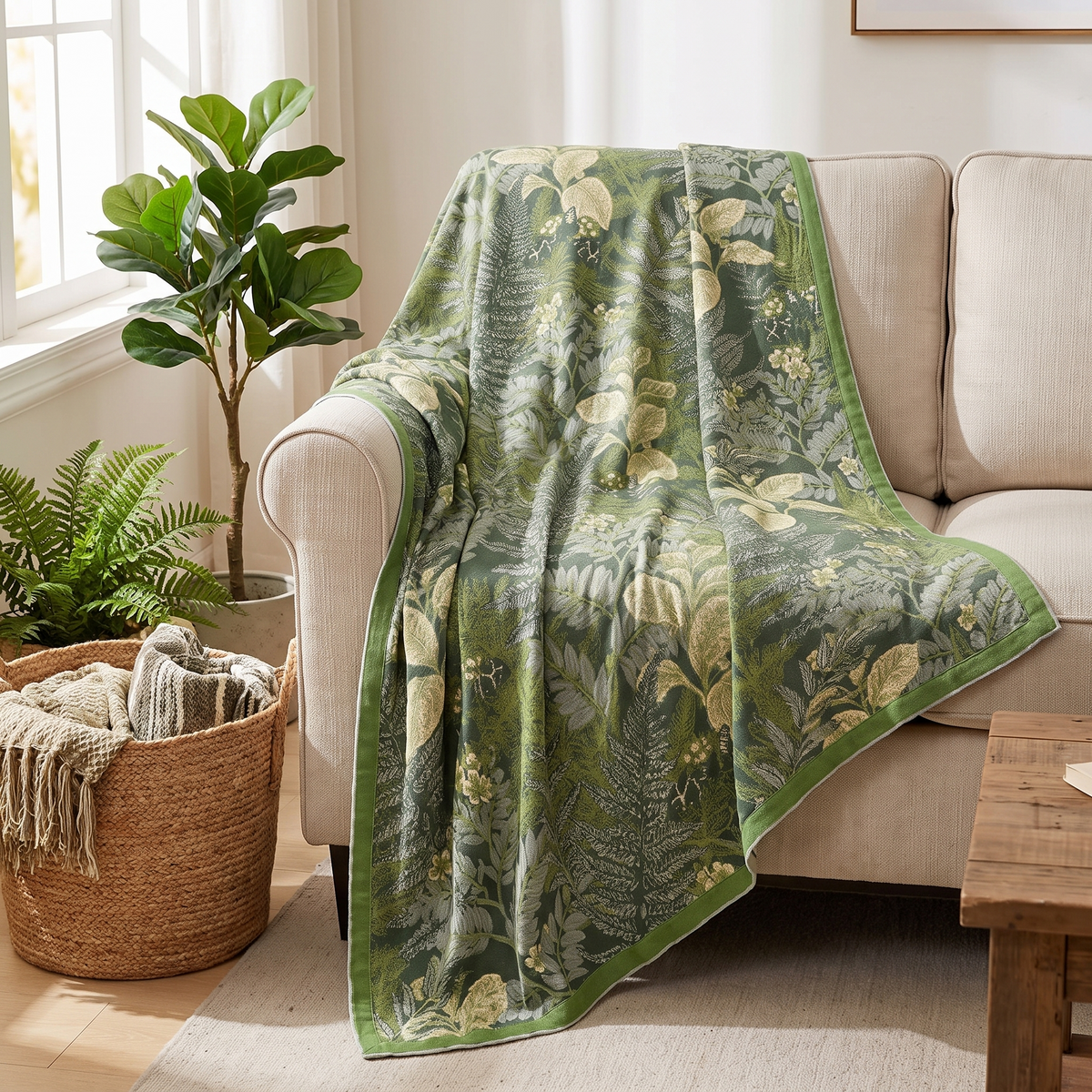 Leaf Print Bamboo Cooling Blanket – draped over a sofa