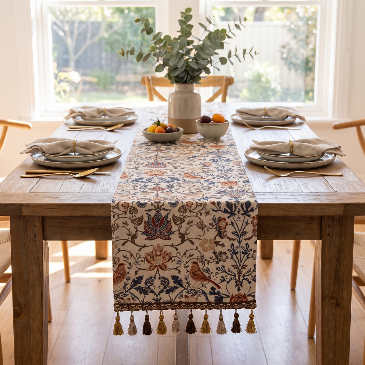 Vintage Floral & Bird Jacquard Table Runner – styled on a dining table