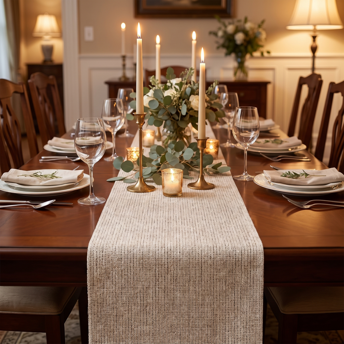 Boho Woven Dining Table Runner – Natural – styled on a dining table