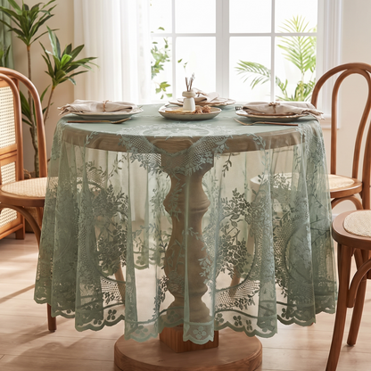 Sheer Lace Round Floral Tablecloth – White – styled on a dining table