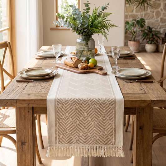Zigzag Woven Table Runner – Boho – styled on a dining table