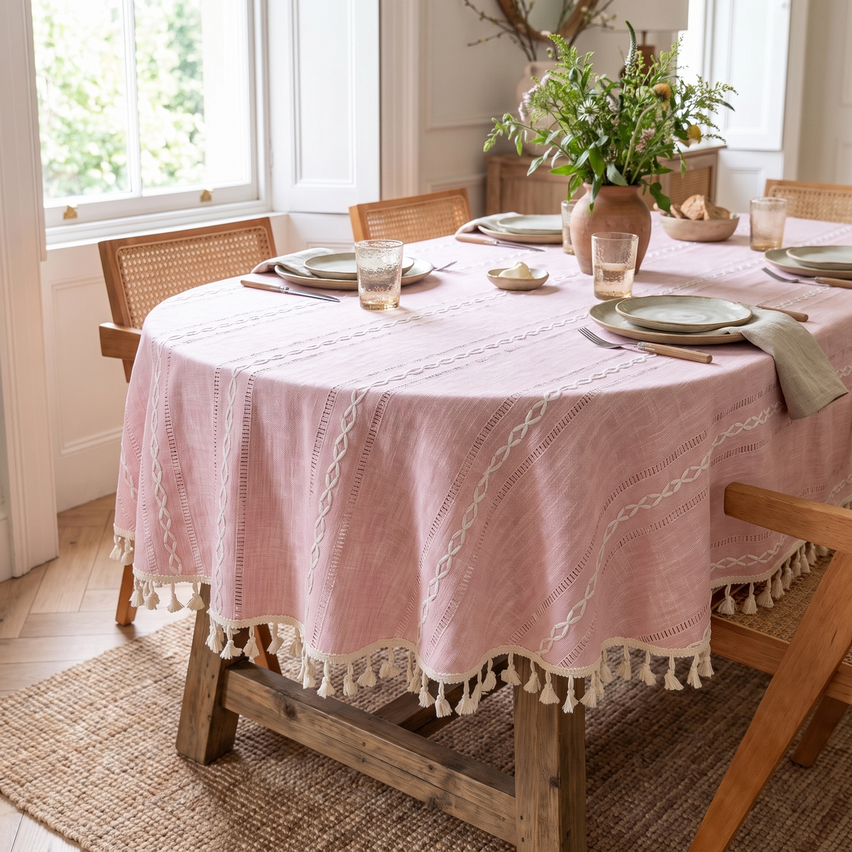 Leafline Embroidered Round Tablecloth – styled on a dining table