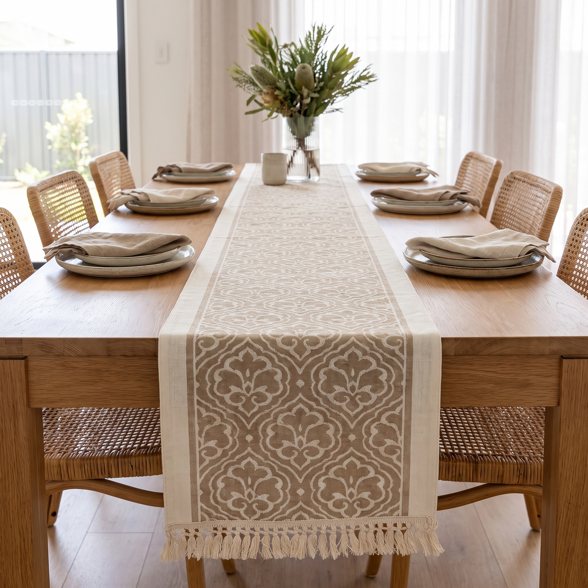 Damask Jacquard Table Runner – Dune – styled on a dining table