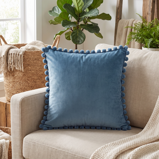 Velvet Pom Pom Trim Cushion Cover – styled on a sofa