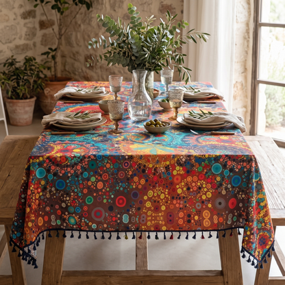 Hypnotic Floral Tassel Tablecloth – styled on a dining table