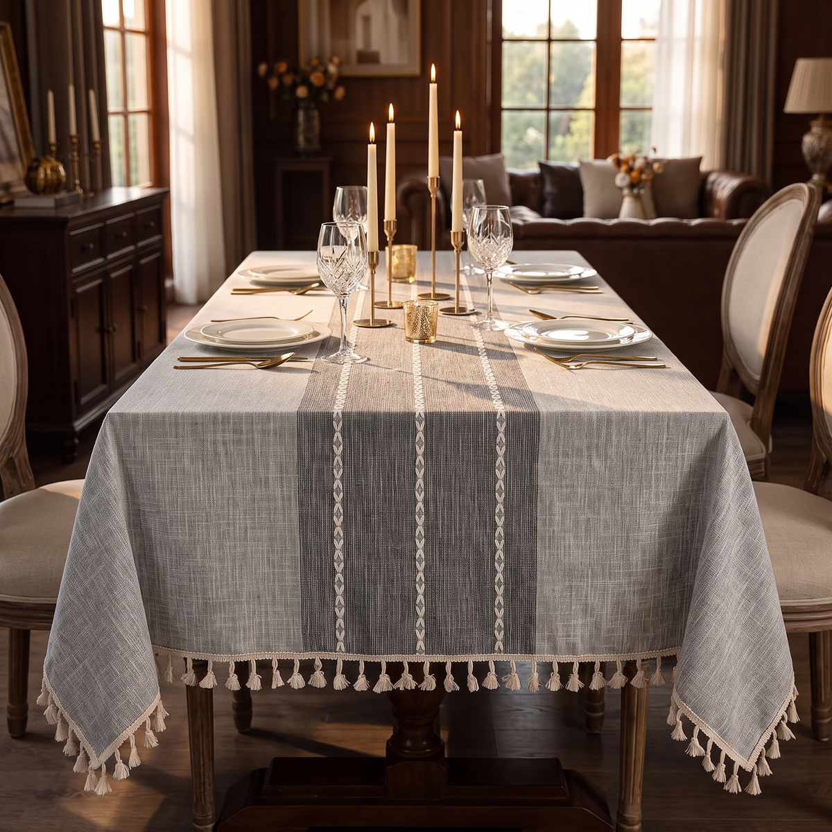 Rustic Farmhouse Tablecloth – styled on a dining table