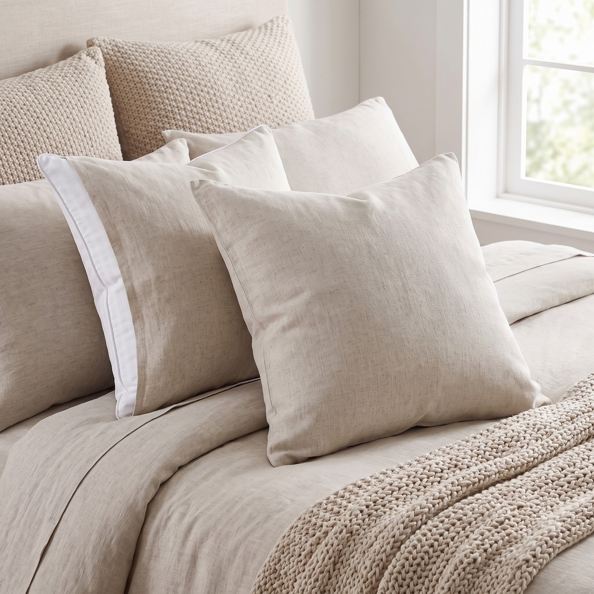 Firm & Fluffy Cushion Insert – Cotton Cover – inside a cover on a bed