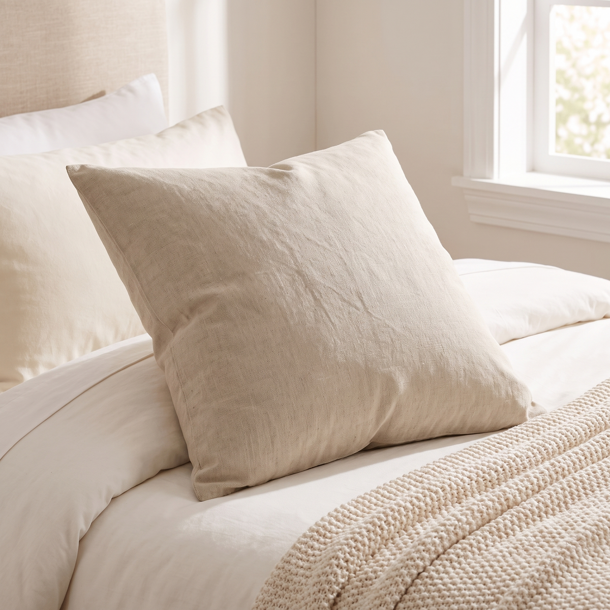 Hollowfibre Cushion Insert – Cotton Blend Cover – inside a cover on a bed