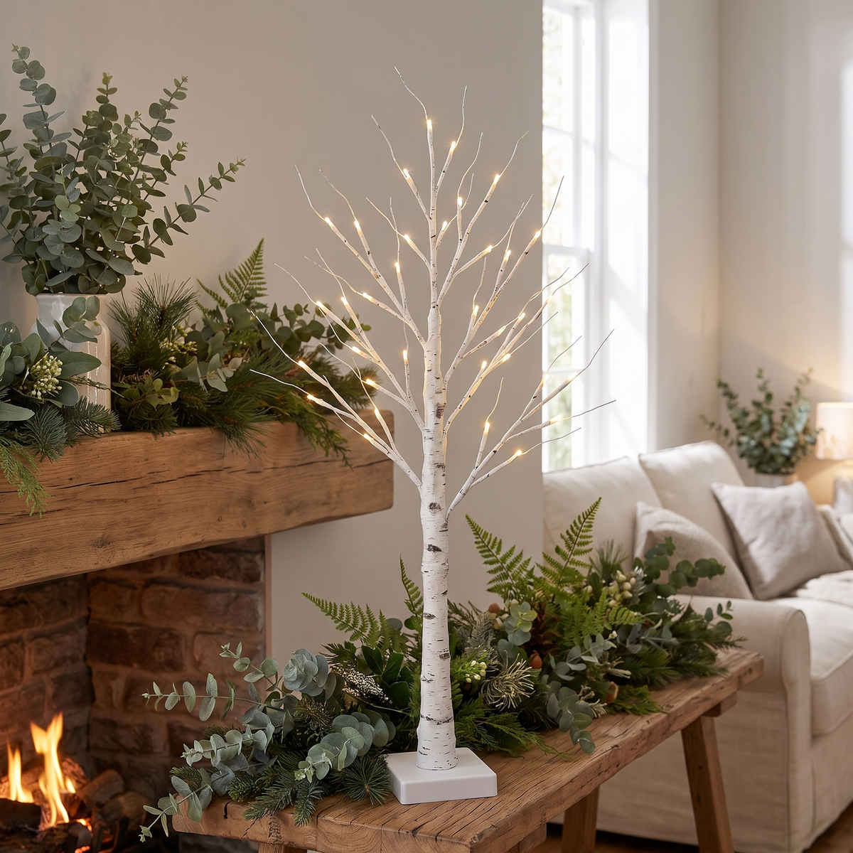 LED Birch Tree Decorative Light – styled on a mantelpiece