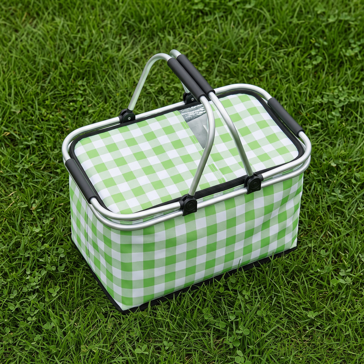Foldable Checkered Picnic Basket – laid out from above