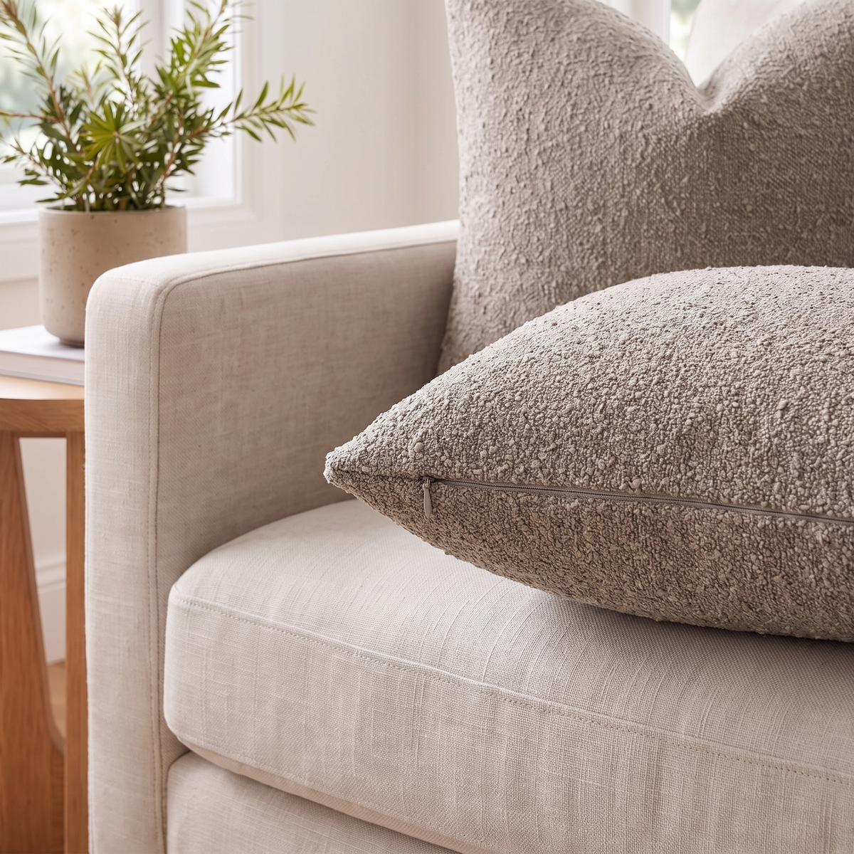 Textured Boucle Cushion Cover – Light Taupe – fabric close-up