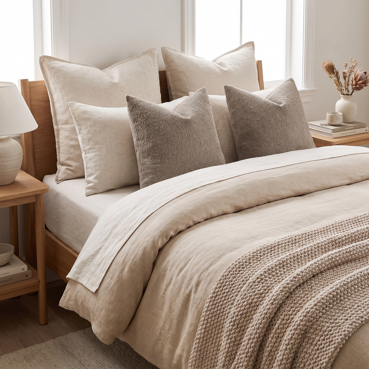 Textured Boucle Cushion Cover – Light Taupe – styled on a bed