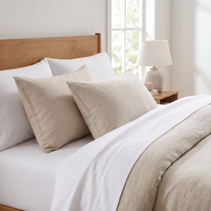 Rectangle Lumbar Cushion Insert – Soft White – inside a cover on a bed