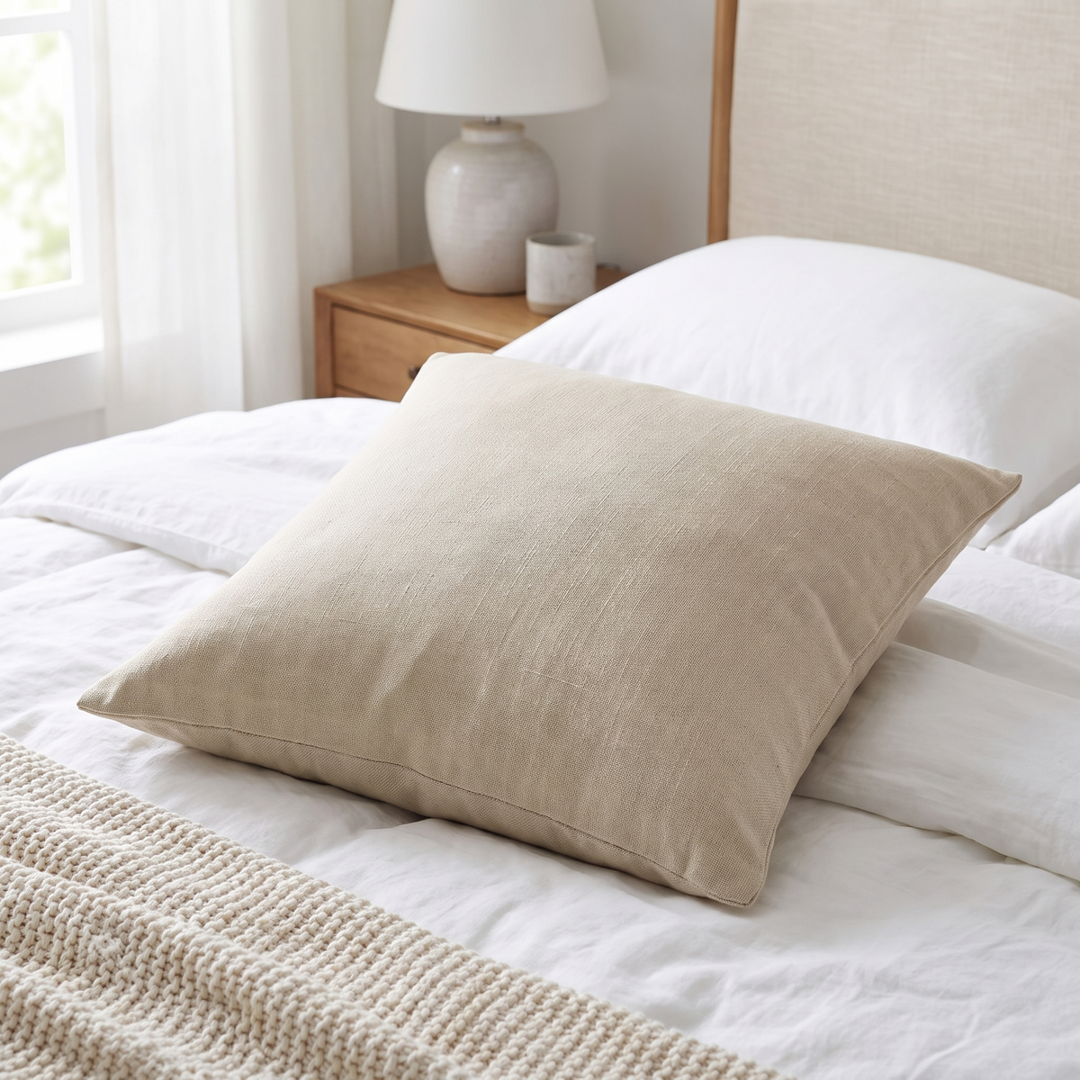 Down Alternative Cushion Insert – Machine Washable – inside a cover on a bed