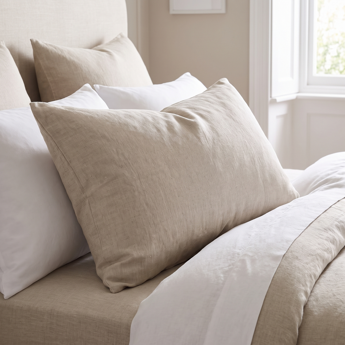 Premium Lumbar Cushion Insert – Brushed Fabric – inside a cover on a bed