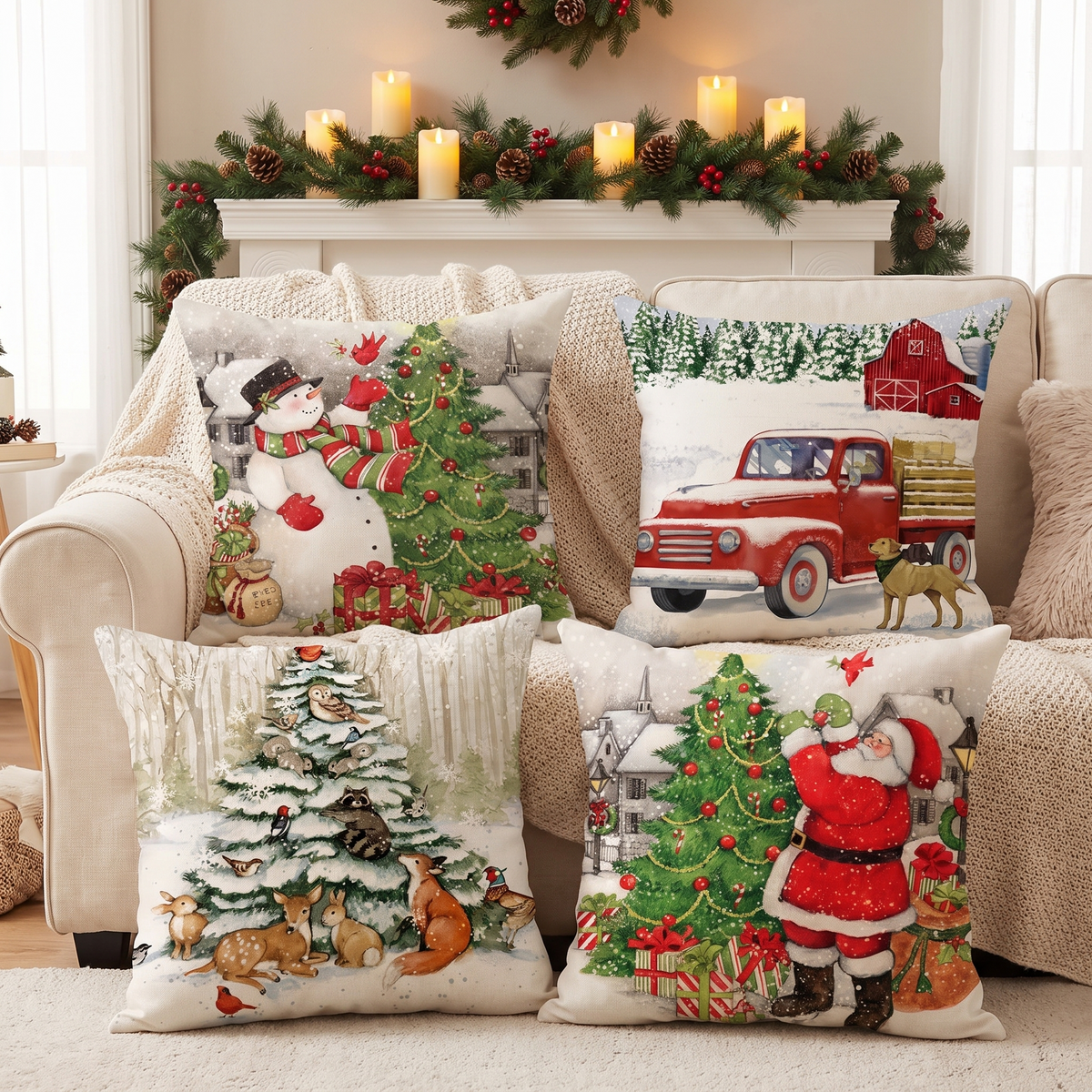 Linen Snowman Christmas Cushion Covers – Set of 4 – full set styled on a sofa