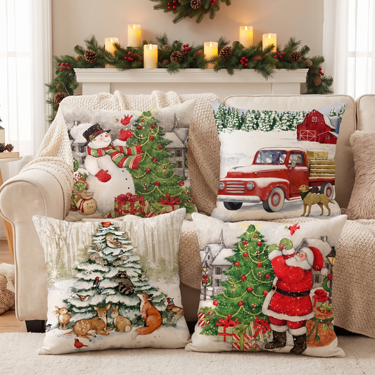 Linen Snowman Christmas Cushion Covers – Set of 4 – full set styled on a sofa