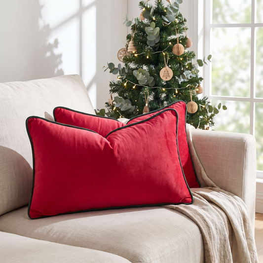 Velvet Christmas Lumbar Cushion Cover – Red with Green Piping – styled on a sofa