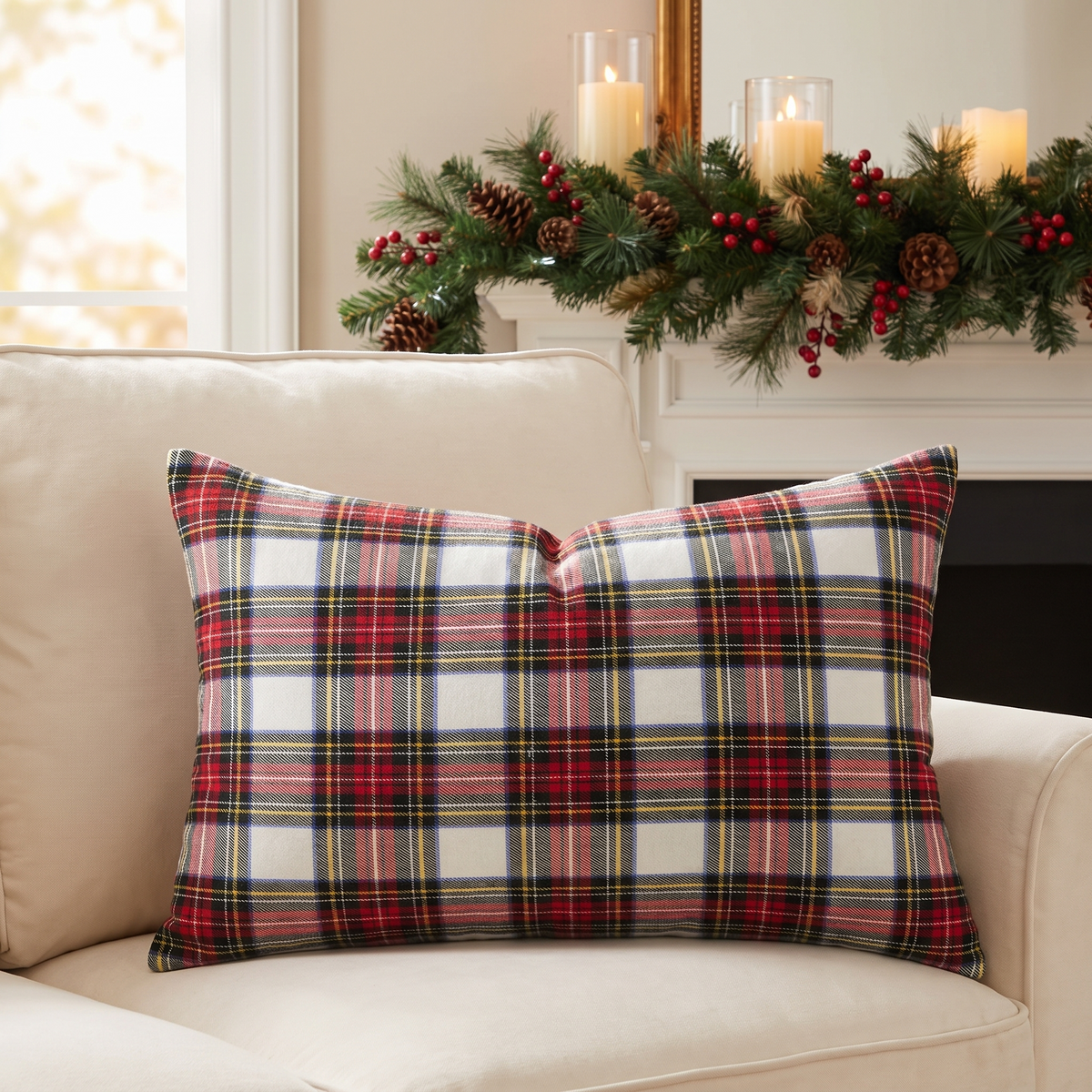 Tartan Plaid Christmas Cushion Cover – White – styled on a sofa