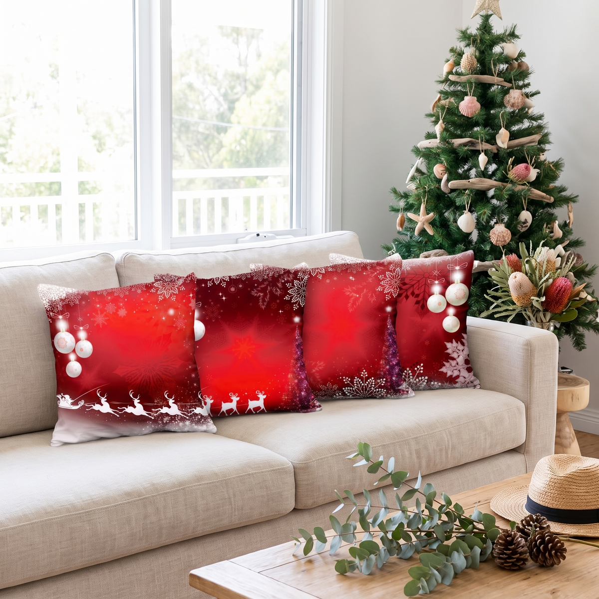 Red Snowflake & Bauble Christmas Cushion Covers – Set of 4 – full set styled on a sofa